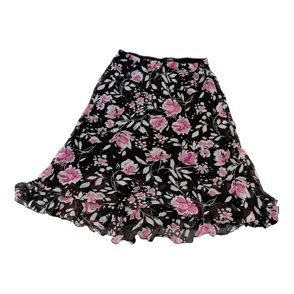 Y2K Fairycore Elementz Skirt‎ Large Black Pink Floral Ruffle Hem Chiffon A-Line